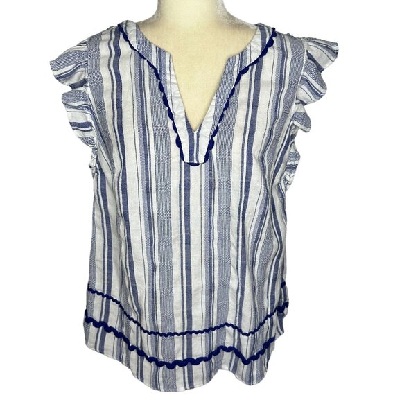 crown & ivy Tops - Crown & Ivy Stripe Blouse Womens 1X Navy Blue White Ruffle Cap Sleeve Bric A Bra
